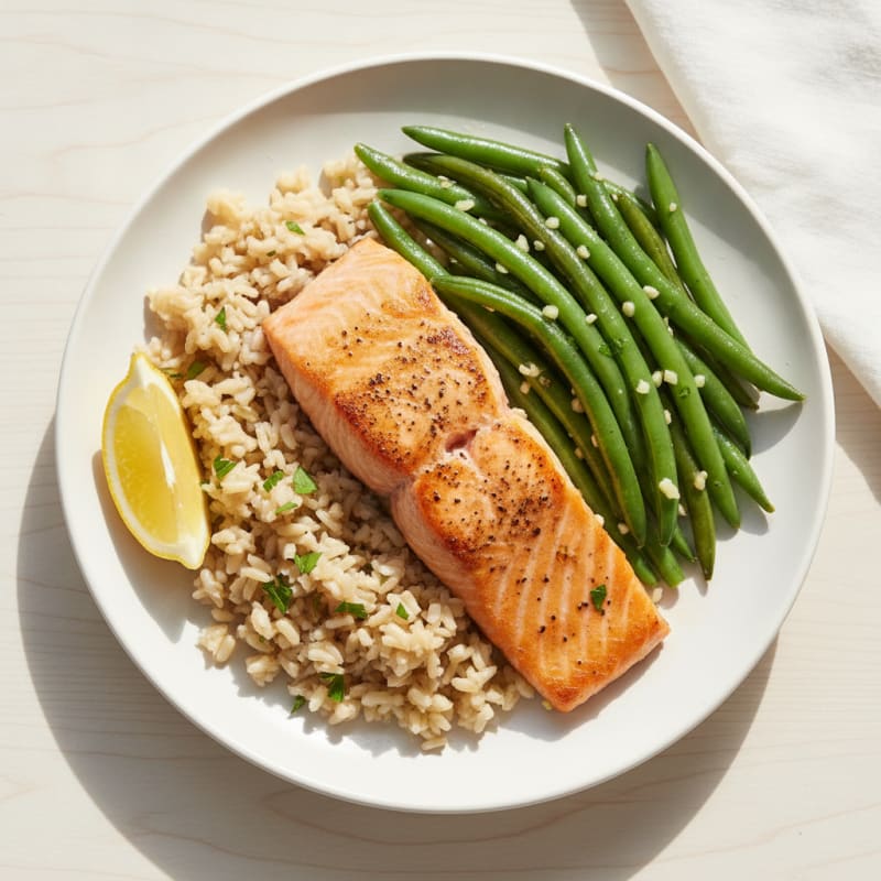 Seared Salmon Fillet with Steamed Green Beans and Brown Rice