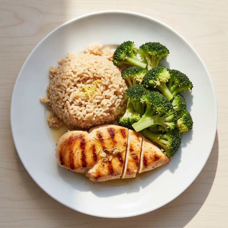Grilled Chicken Breast with Steamed Broccoli and Brown Rice