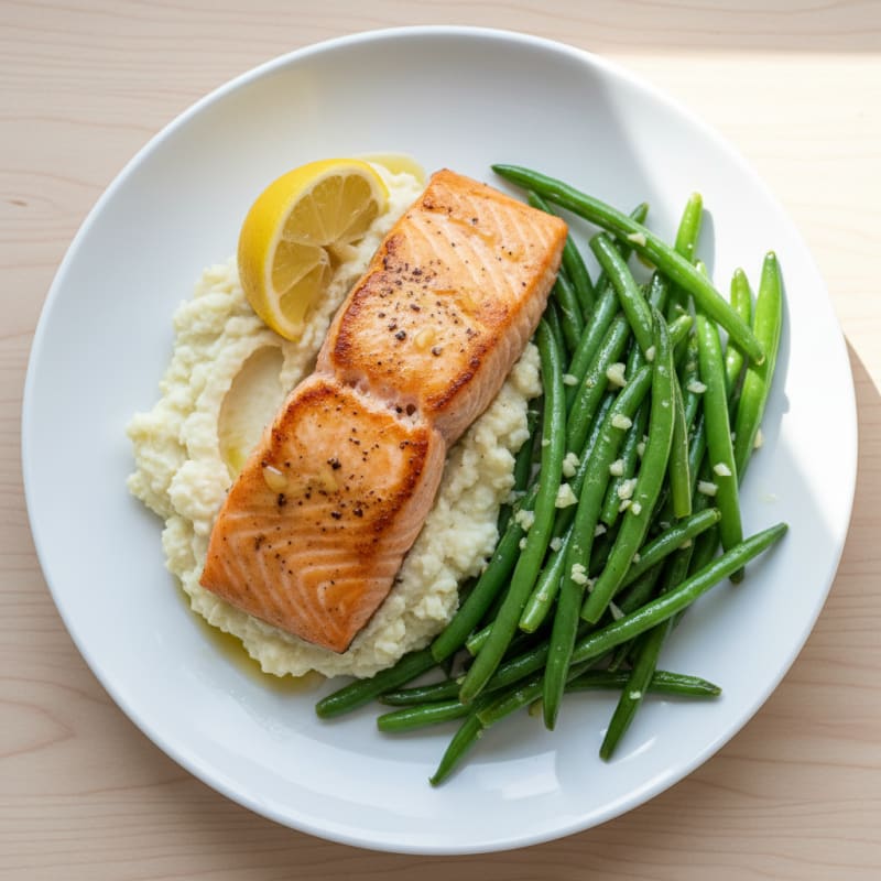 Seared Salmon with Garlic Green Beans and Mashed Cauliflower