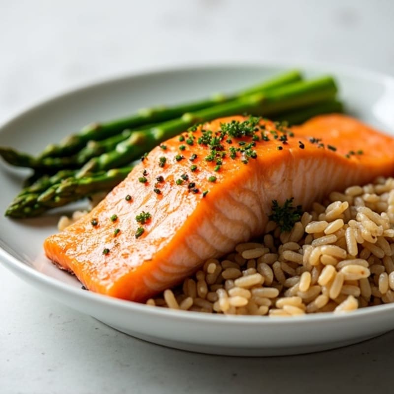 Seared Salmon Fillet with Steamed Asparagus and Brown Rice