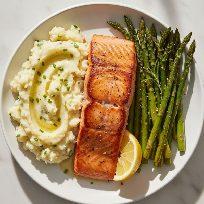 Seared Salmon with Herb-Roasted Vegetables and Garlic Mashed Potatoes