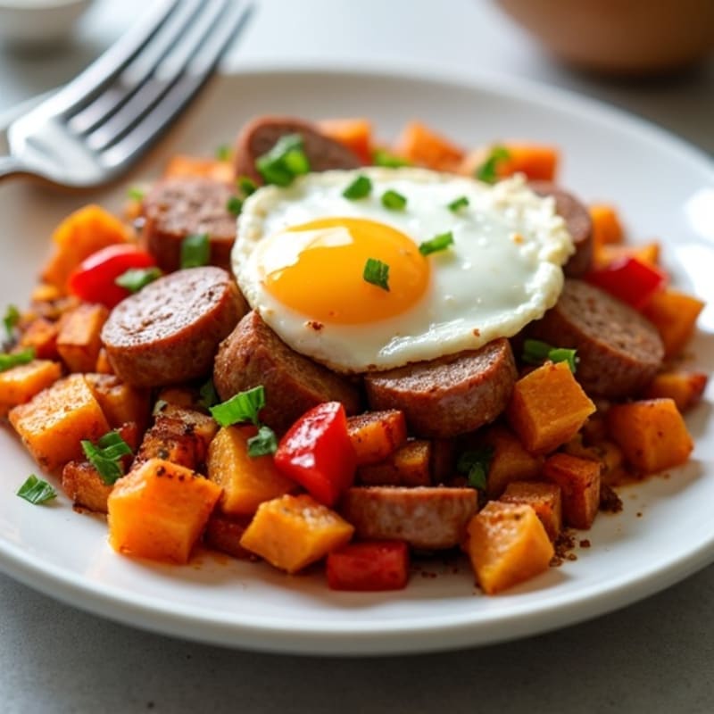 Crispy Sweet Potato Hash with Turkey Sausage and Bell Peppers