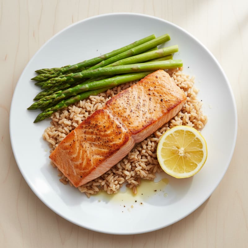 Seared Salmon with Steamed Asparagus and Brown Rice