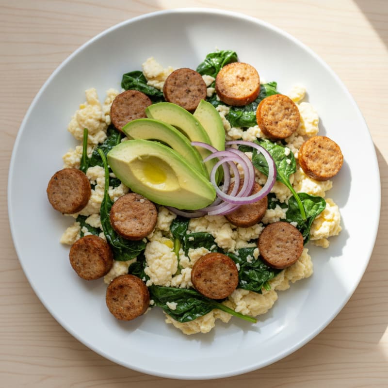 Egg White Scramble with Turkey Sausage and Sautéed Spinach