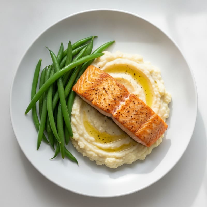 Seared Salmon with Steamed Green Beans and Cauliflower Mash