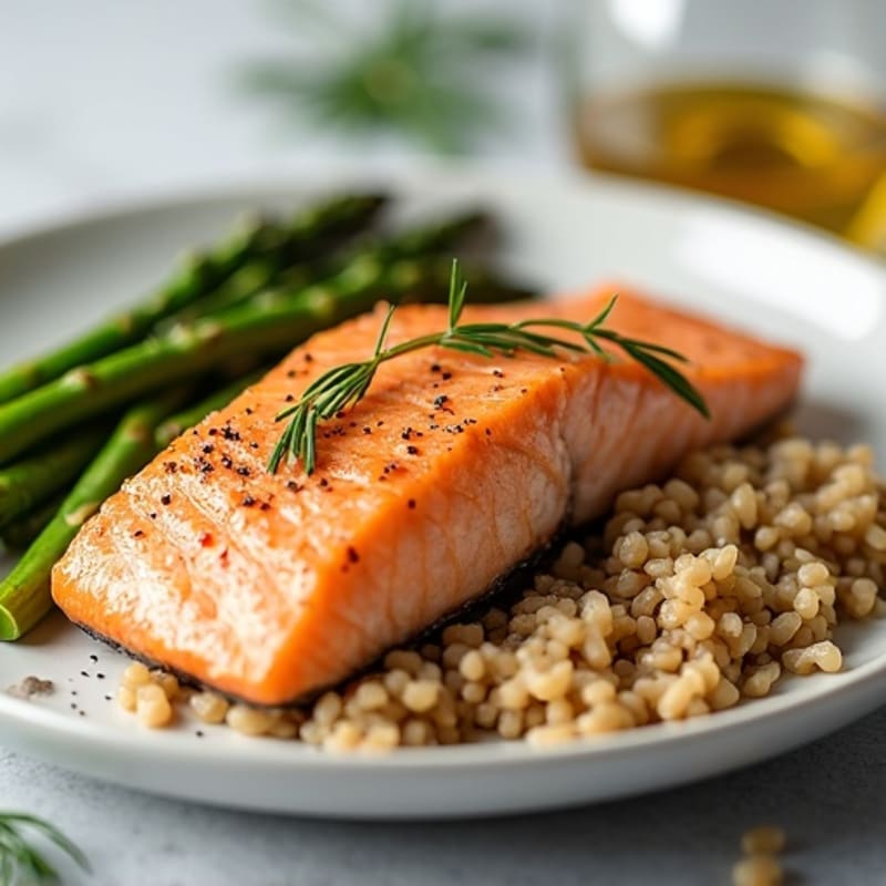 Seared Salmon Fillet with Steamed Asparagus and Brown Rice