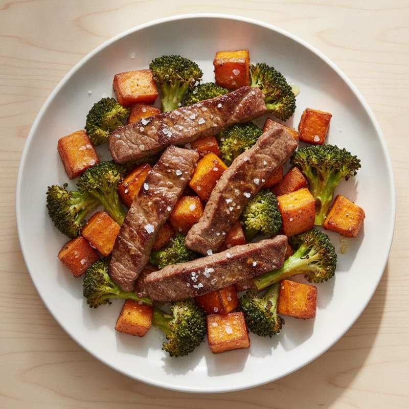 Seared Lean Beef Strips with Roasted Broccoli and Sweet Potato