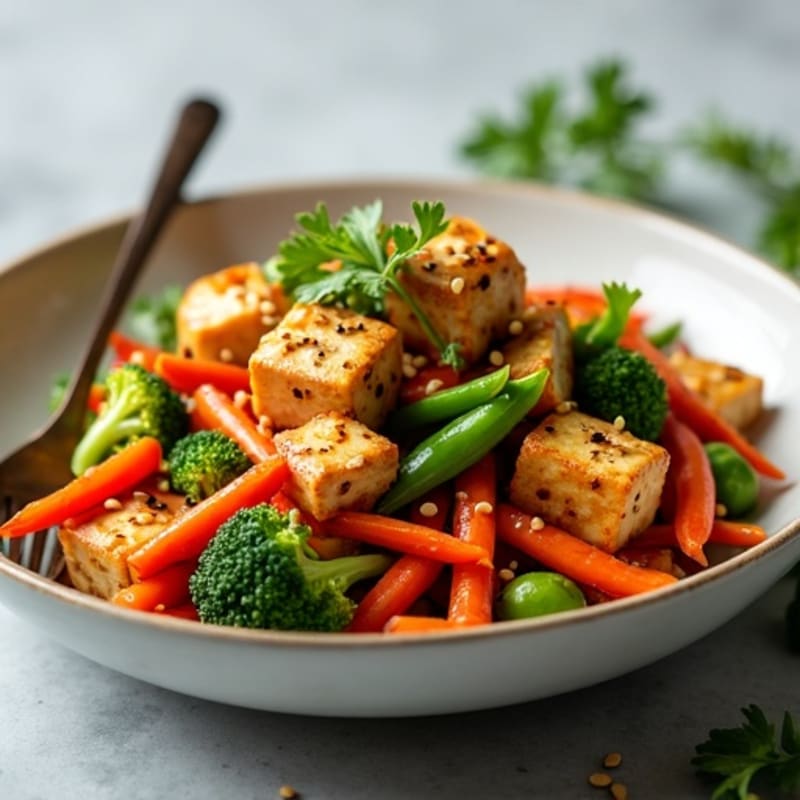 Crispy Sesame Tofu with Fresh Vegetable Stir-Fry