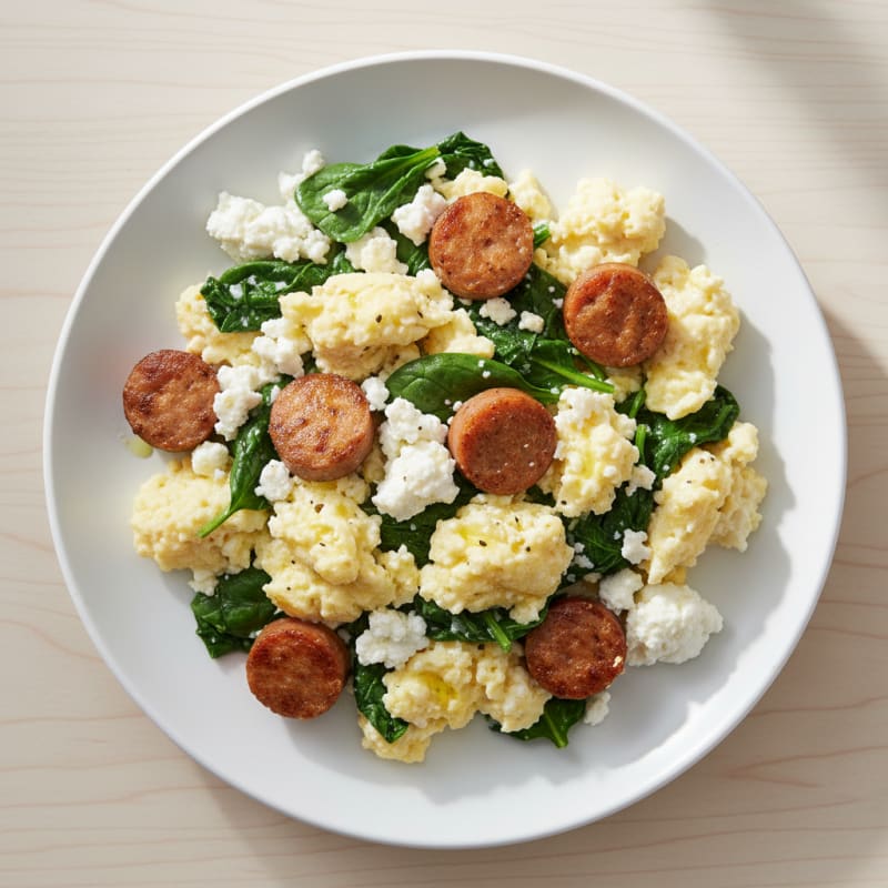 Cottage Cheese Scramble with Turkey Sausage and Spinach