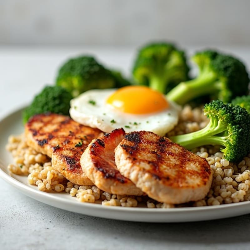 Grilled Chicken Breast with Quinoa, Steamed Broccoli, Egg, and Turkey Bacon