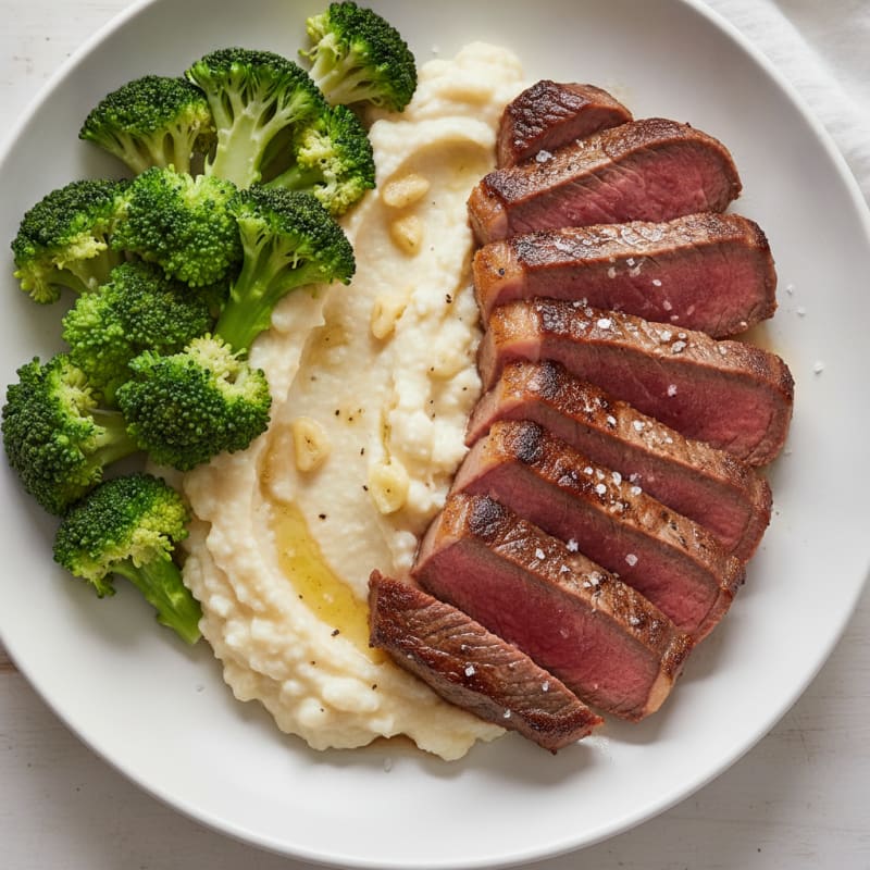Seared Lean Beef with Steamed Broccoli and Cauliflower Mash