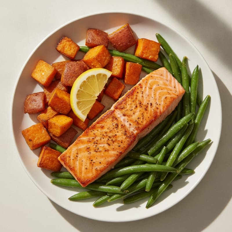 Seared Salmon with Roasted Sweet Potatoes and Green Beans
