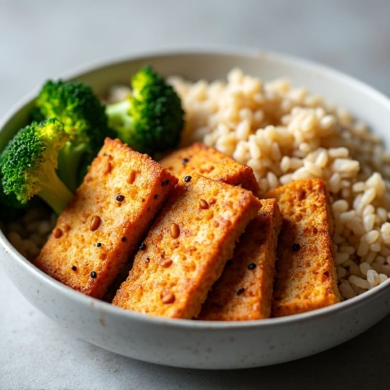 Crispy Peanut Tofu with Roasted Broccoli and Brown Rice