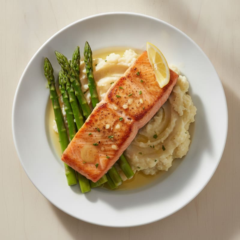 Seared Salmon Fillet with Steamed Asparagus and Garlic Mashed Cauliflower
