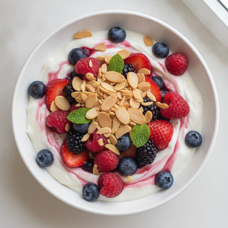 Greek Yogurt Protein Parfait with Mixed Berries and Almonds