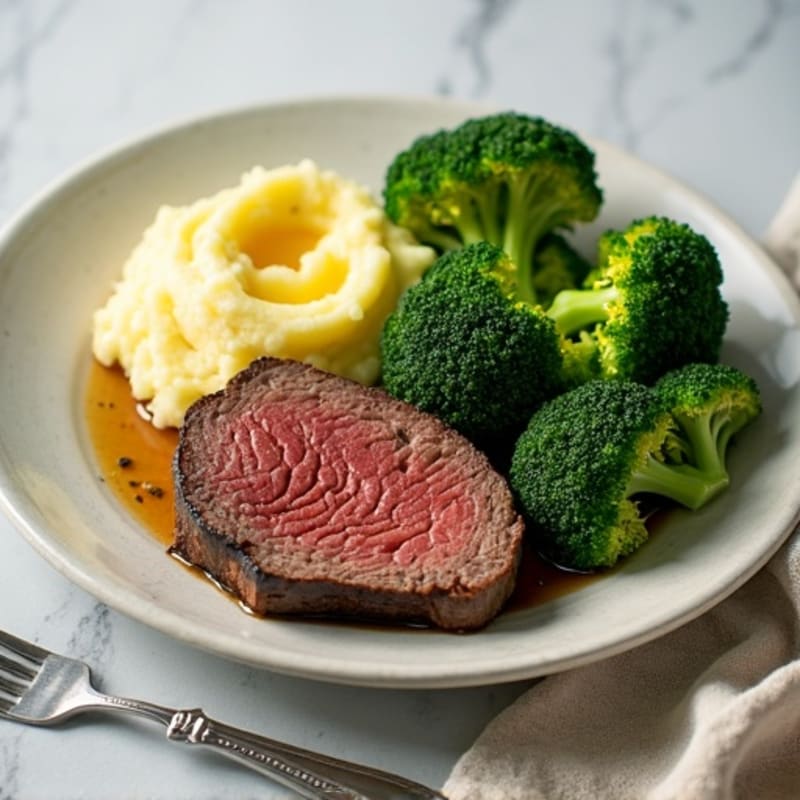 Seared Lean Beef with Garlic Mashed Potatoes and Steamed Broccoli