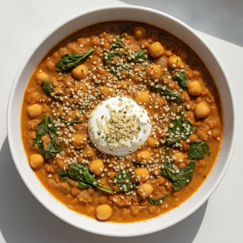 Creamy Lentil and Chickpea Stew with Spinach and Hemp Seeds