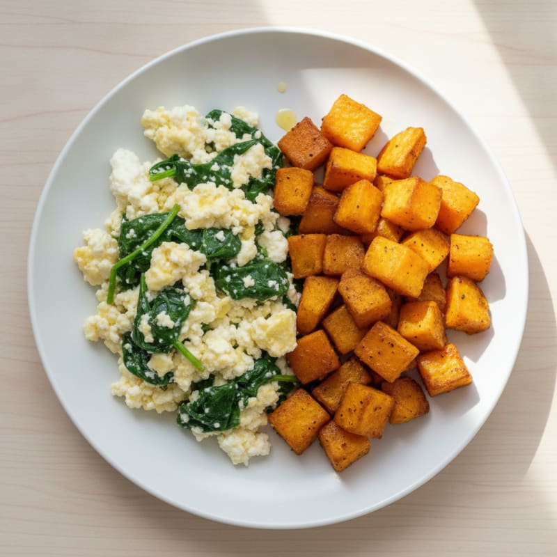 Cottage Cheese Egg Scramble with Spinach and Roasted Sweet Potato