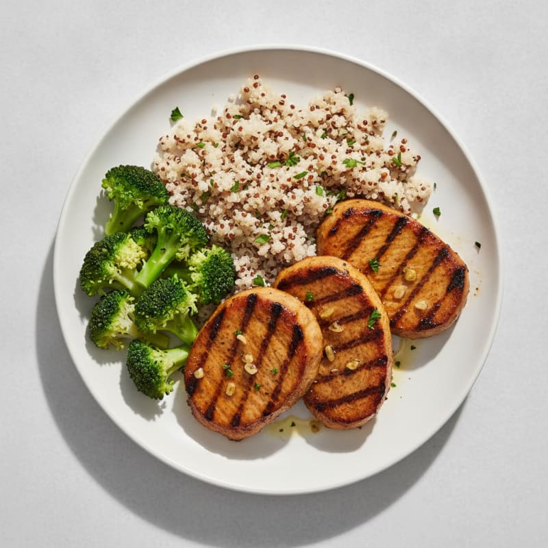 Grilled Seitan Steaks with Steamed Broccoli and Quinoa