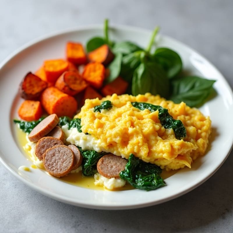 Egg White and Turkey Sausage Scramble with Spinach and Roasted Sweet Potatoes