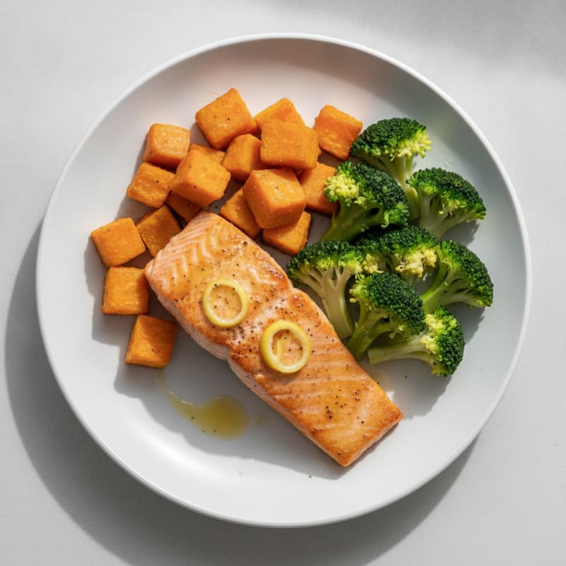 Seared Salmon with Roasted Sweet Potato and Steamed Broccoli