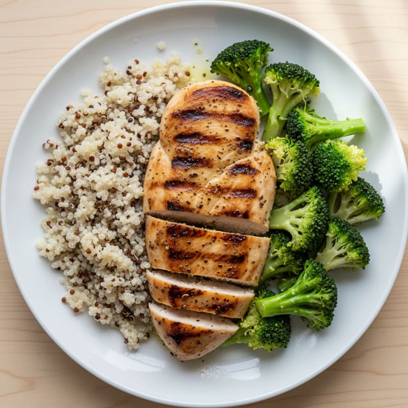 Grilled Lemon Pepper Chicken Breast with Quinoa and Steamed Broccoli