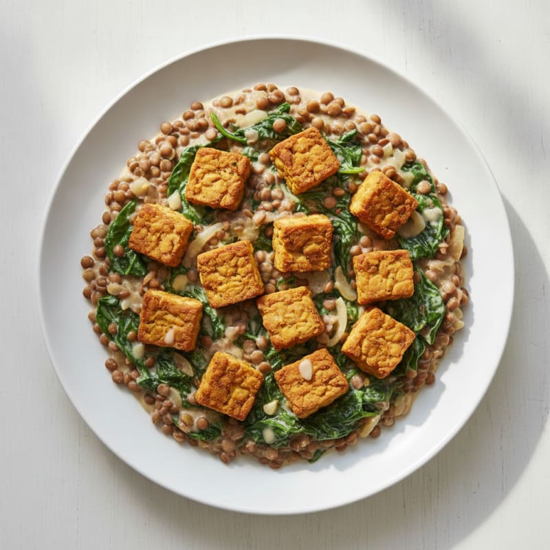 Creamy Lentil and Spinach Skillet with Roasted Tempeh