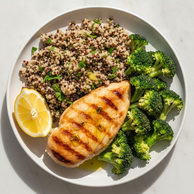 Grilled Chicken Breast with Quinoa and Steamed Broccoli