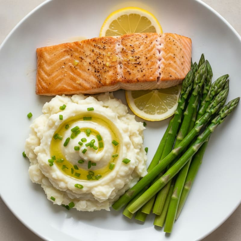 Seared Salmon with Steamed Asparagus and Garlic Mashed Potatoes