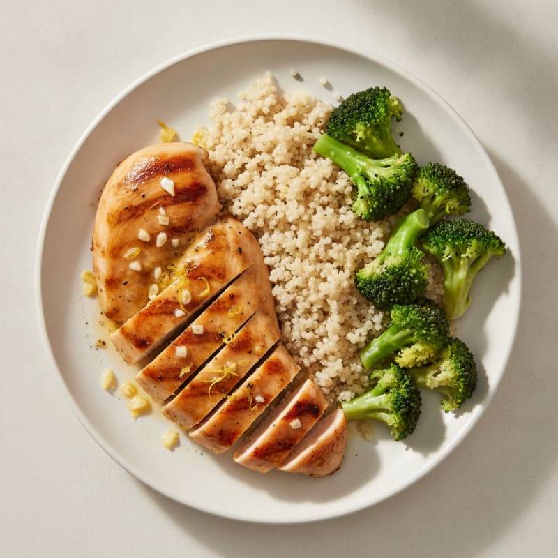 Grilled Lemon Garlic Chicken Breast with Quinoa and Steamed Broccoli