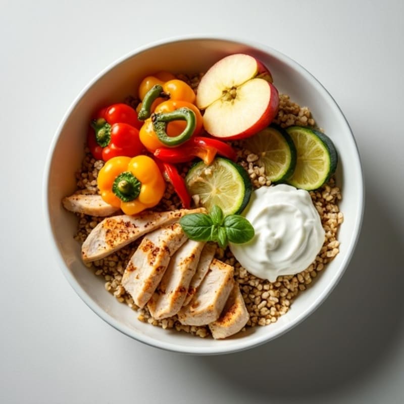 Grilled Chicken and Vegetable Rice Bowl with Herb Yogurt Sauce (with Oats & Apple Side)