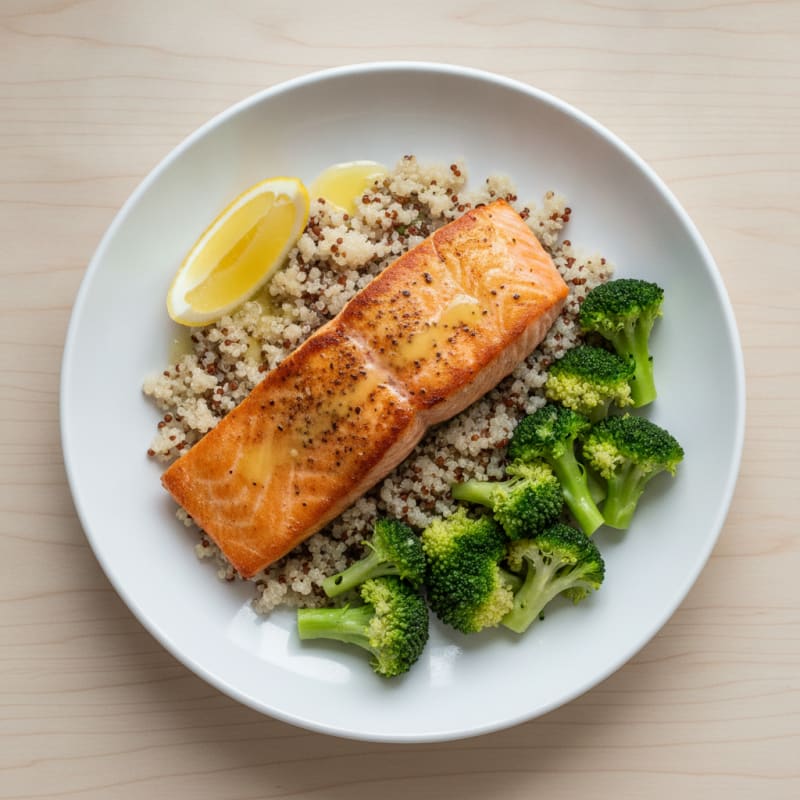 Seared Salmon with Steamed Broccoli and Quinoa