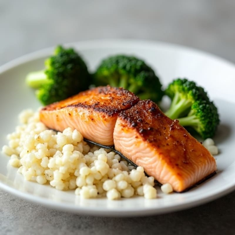 Seared Salmon with Steamed Broccoli and Cauliflower Rice