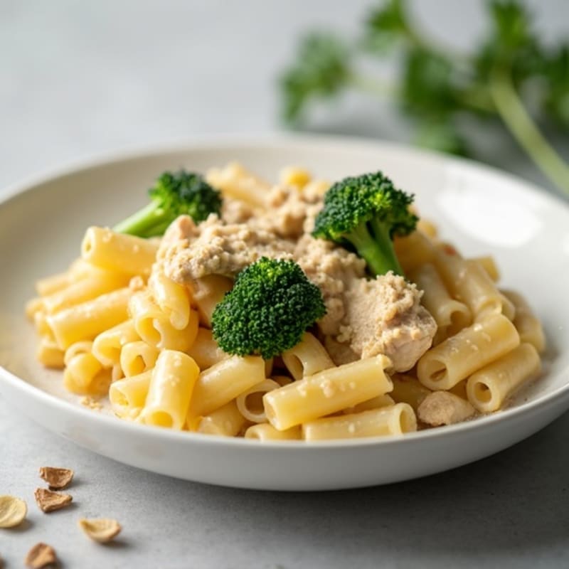 High-Protein Creamy Macaroni Bake with Chicken and Roasted Broccoli