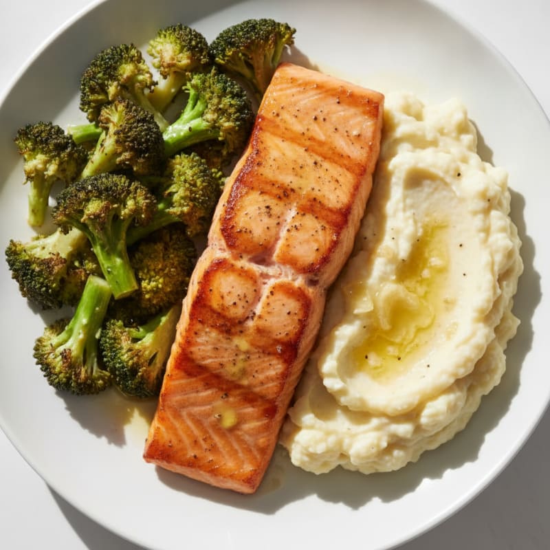 Seared Salmon Fillet with Roasted Broccoli and Garlic Mashed Cauliflower