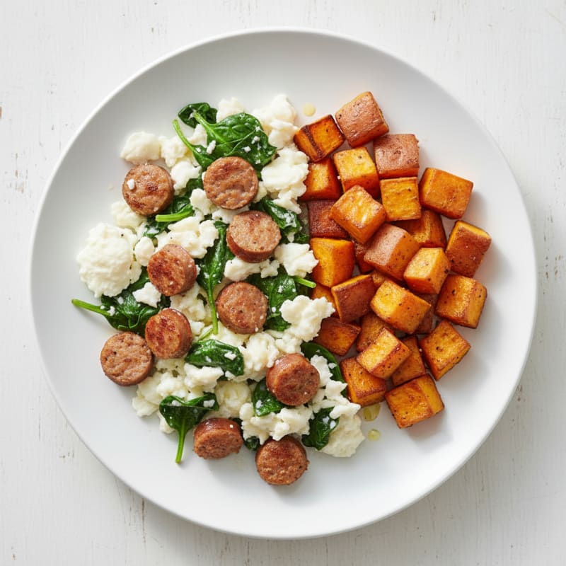 Egg White and Turkey Sausage Scramble with Spinach and Roasted Sweet Potatoes