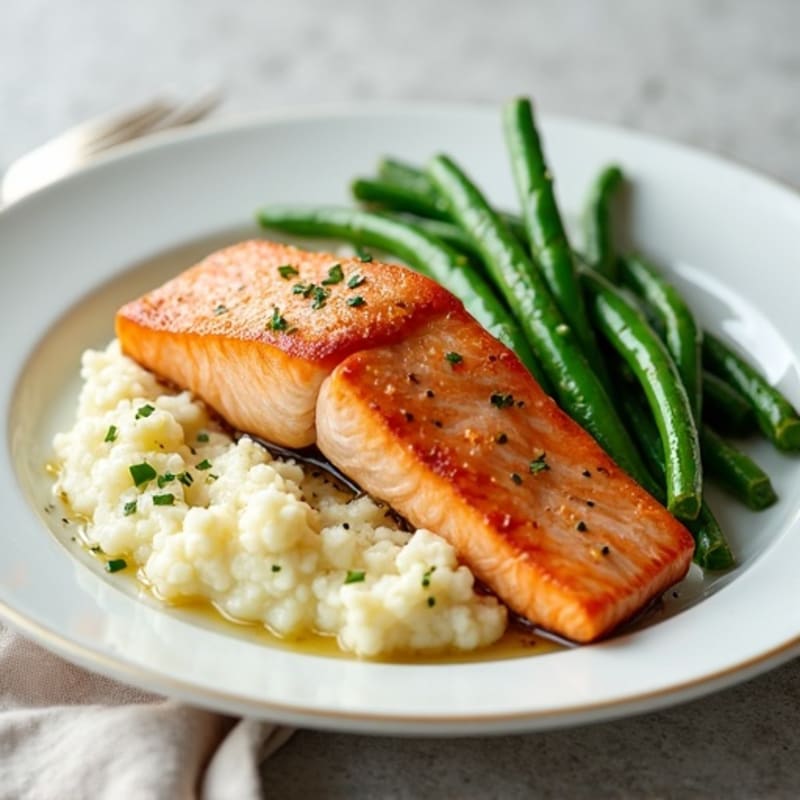 Seared Salmon Fillet with Steamed Green Beans and Cauliflower Mash