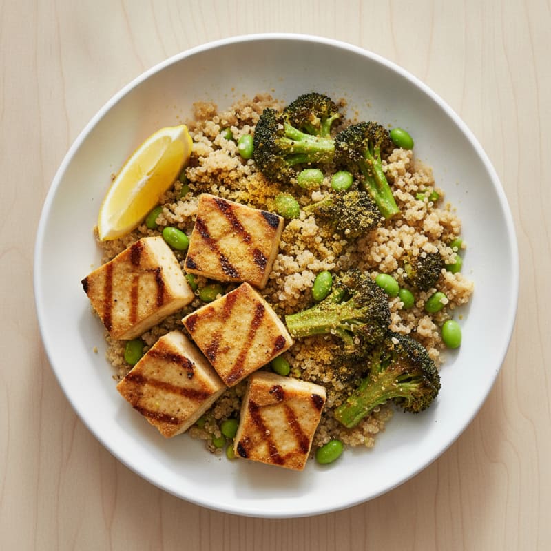 Grilled Tofu and Quinoa Bowl with Roasted Broccoli