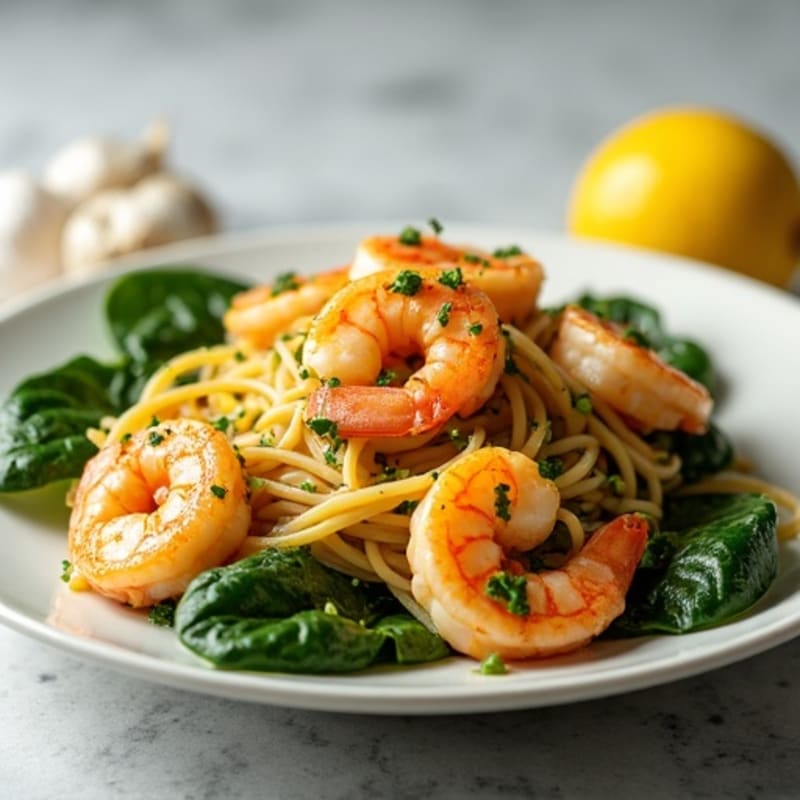 Pan-Seared Lemon-Garlic Shrimp with Spinach Linguine
