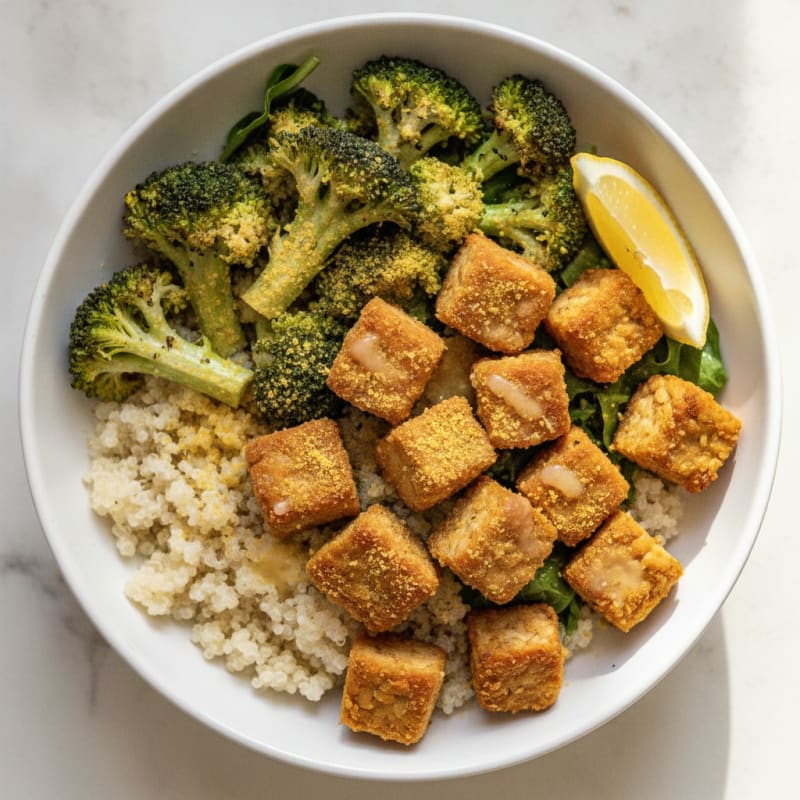 Crispy Tempeh Power Bowl with Quinoa and Roasted Vegetables