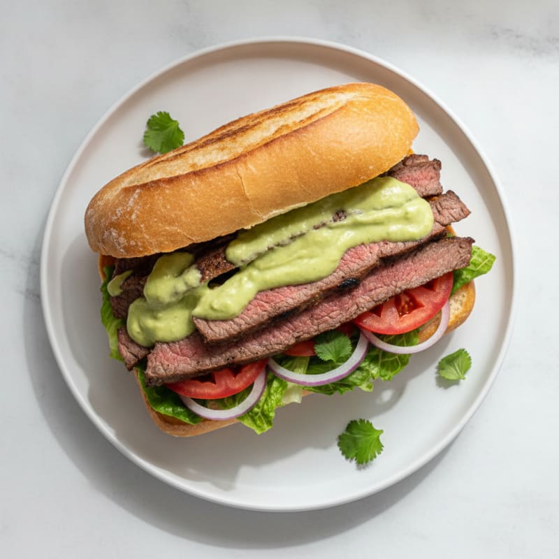 Carne Asada Torta with Avocado Crema