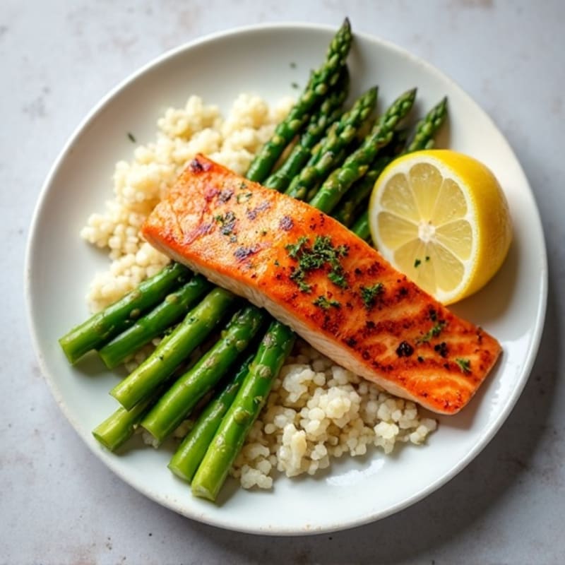 Seared Salmon with Steamed Asparagus and Herbed Cauliflower Rice