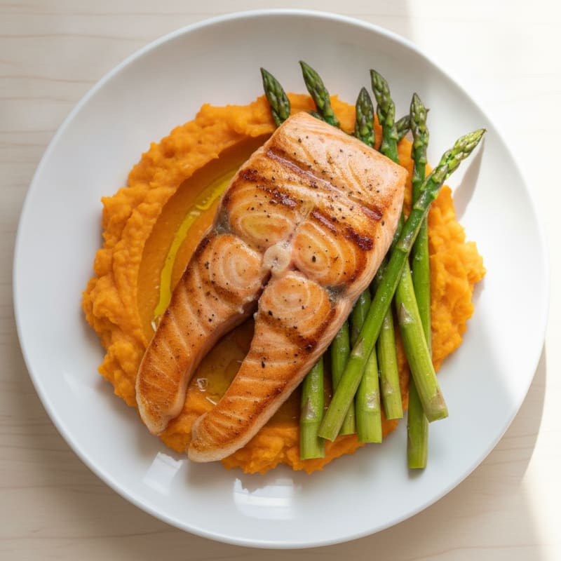 Seared Salmon Fillet with Roasted Asparagus and Sweet Potato Mash