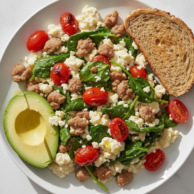 Egg White and Turkey Sausage Scramble with Spinach and Tomatoes