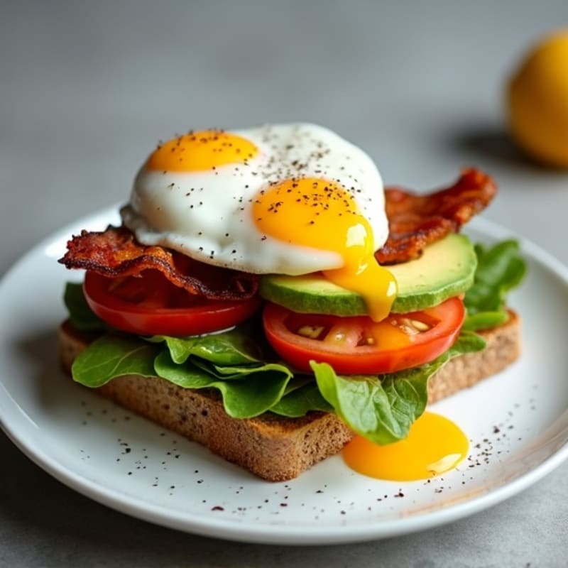 Healthy Whole Grain Avocado BLT with Crispy Bacon and Poached Eggs