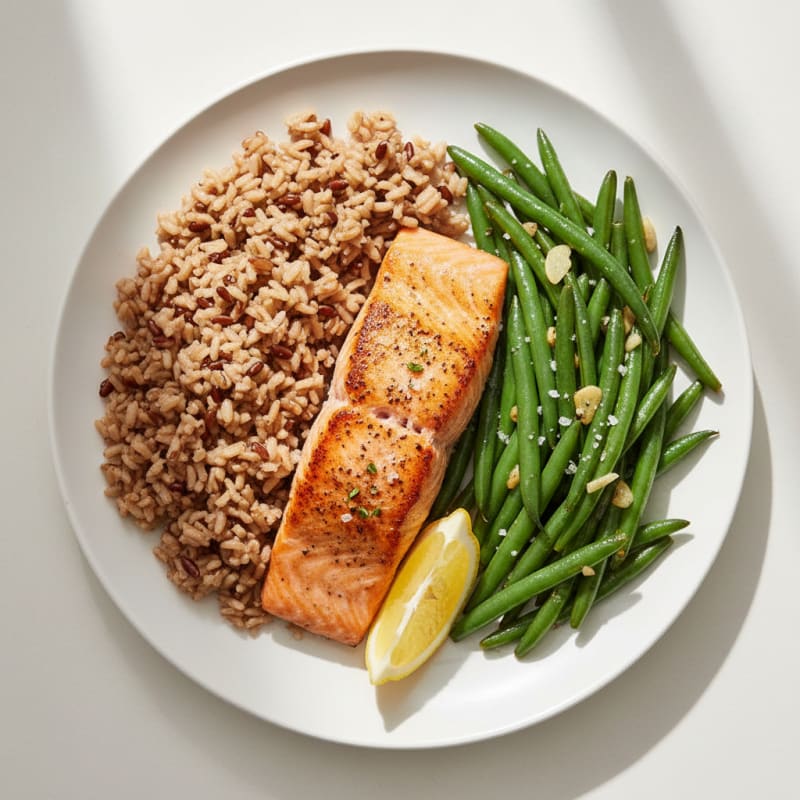 Seared Salmon Filet with Garlic Green Beans and Brown Rice