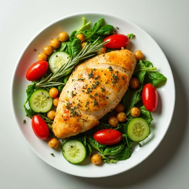 Lemon-Herb Roasted Chicken with Crisp Greens and Chickpea Salad