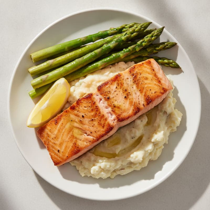 Seared Salmon with Steamed Asparagus and Garlic Mashed Cauliflower