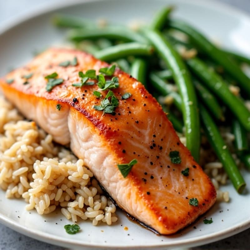Seared Salmon with Garlic Green Beans and Brown Rice