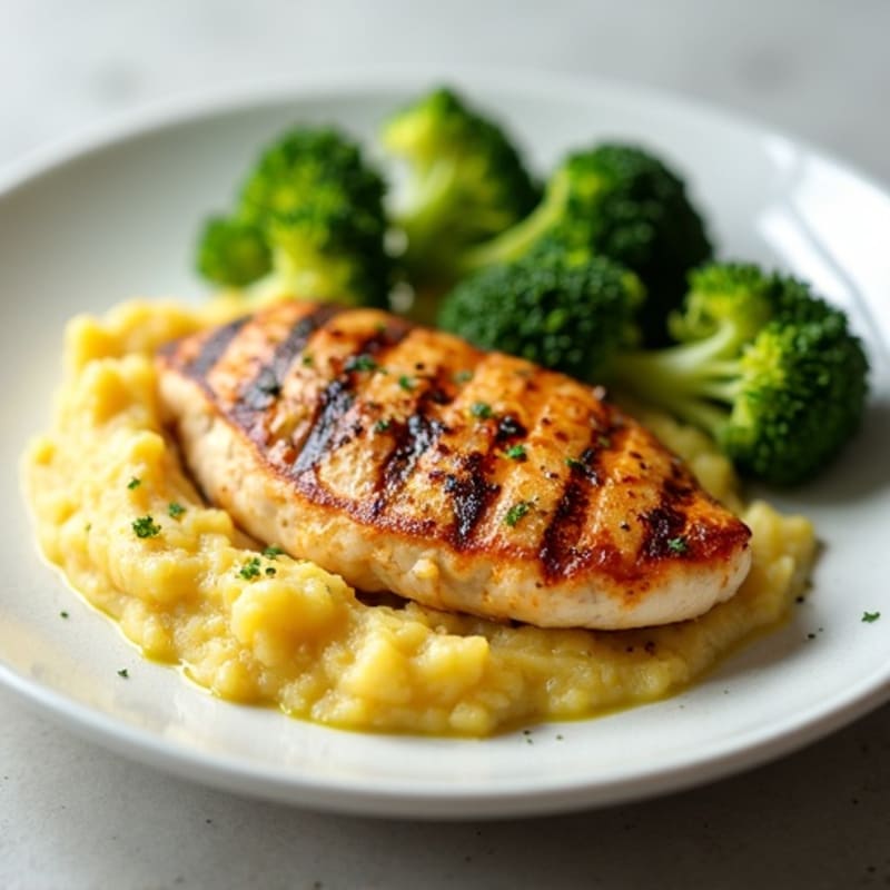 Grilled Chicken Breast with Steamed Broccoli and Golden Potato Mash